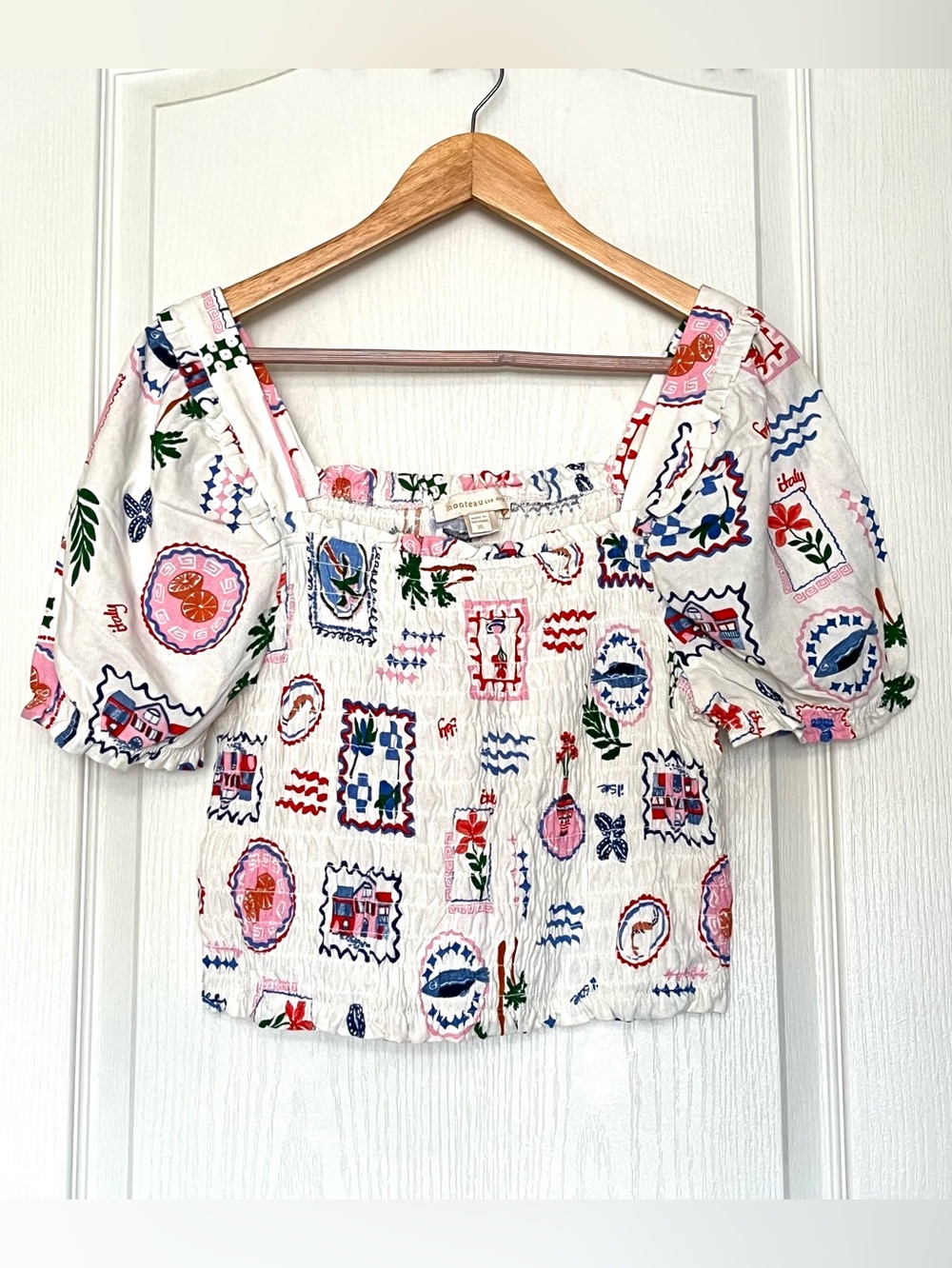 Monteau Italy Postcard Rayon Linen Smocked Crop Top Puff Sleeve Blouse Size XL